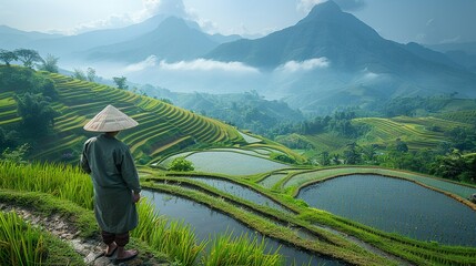 Happy farmer in Southeast Asia standing in a verdant rice field with a serene backdrop capturing the essence of traditional rice farming realistic photo, high resolution , Minimalism,
