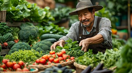 Picture of a contented farmer in Asia harvesting a variety of fresh vegetables in a vibrant garden showcasing organic agriculture practices realistic photo, high resolution , Minimalism,
