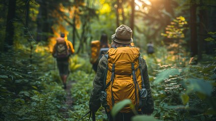 Naklejka premium Cute people and pets hiking through a dense forest, exploring trails and discovering hidden paths under the dappled sunlight highlighting their adventure realistic photo, high resolution , Minimalism,