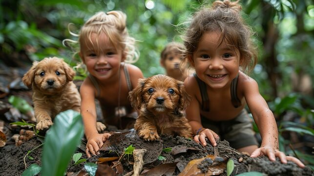 Adorable children and their playful puppies climbing a small mountain in a lush forest, capturing the excitement and joy of their adventure realistic photo, high resolution , Minimalism,