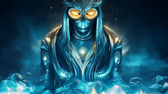 Mystical alien entity with luminescent eyes in cosmic environment