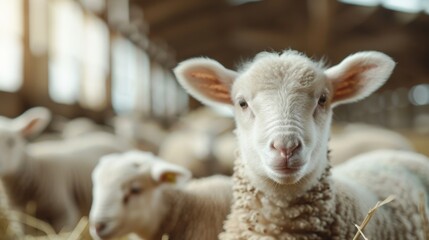 Obraz premium Close-up of a single adorable lamb standing on straw in a barn, with its head slightly tilted and a curious expression, capturing the essence of farm life.