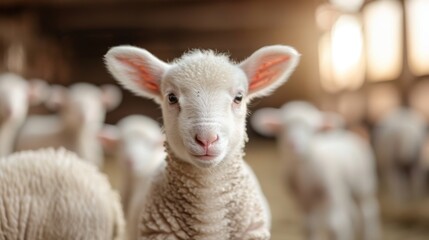 Obraz premium A bright young lamb with soft white wool standing in a barn, gazing directly at the camera, highlighting its innocence and the natural beauty of rural farm life.