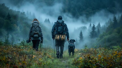 Naklejka premium A family with their dog hiking through a misty forest, capturing the enchanting atmosphere and sense of adventure realistic photo, high resolution , Minimalism,