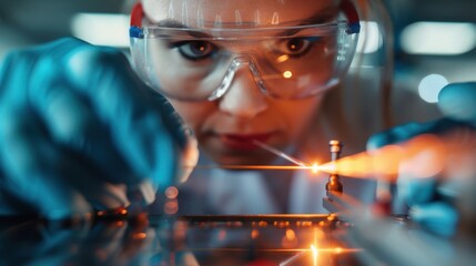 This image shows a technician working on advanced, futuristic equipment, highlighting their focus and expertise in handling complex and high-tech machinery in a lab environment.