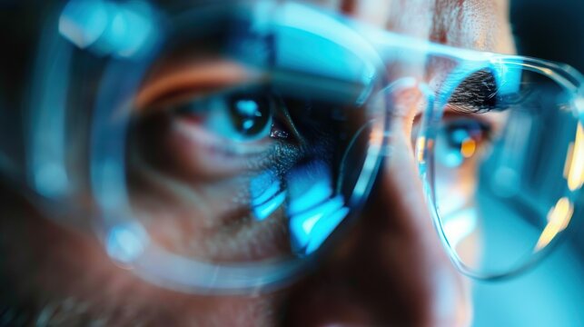 A close-up detailed view of futuristic glasses capturing intricate reflections, symbolizing advanced technology, innovation, and a glimpse into the future of augmented reality.