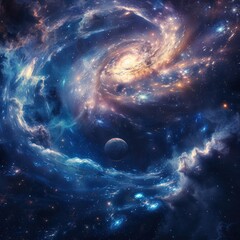 Cosmic voyage, celestial dance of space scene with swirling galaxy, nebula, and distant planet, power and energy of swirling galaxies and dark matter in space, glowing star fantastic background