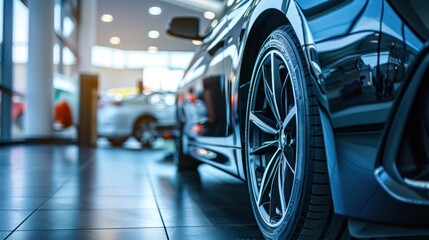 Cropped image of new car in dealers showroom. Detail of luxury car for lease in rent office. Car sales business