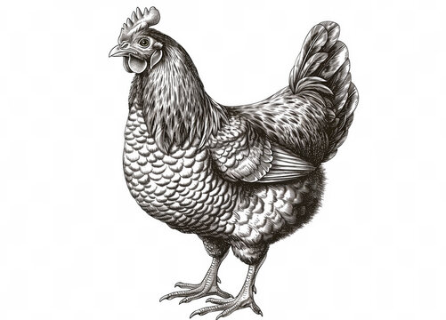 Chicken sketch. Vintage retro print, hand-drawn illustration chicken, high detail, engraving technique, detailed black and white ink drawing, chicken portrait. Side view profile. Illustration