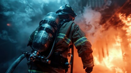 Fototapeta premium A determined firefighter in full gear, donning an oxygen tank, bravely fights a fierce blaze in a smoky scene, embodying commitment and dedication to public safety.
