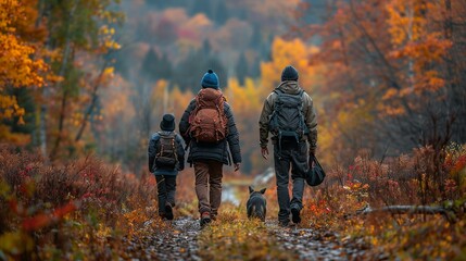 Fototapeta premium A family with their pets hiking through a forest during the fall, capturing the beauty of the colorful foliage realistic photo, high resolution , Minimalism,