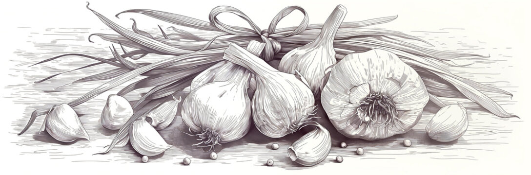 Garlic sketch hand drawn. Healthy food garlic illustration. Organic fresh vegetarian food drawing. Classic engrave, hand drawn, garlic sketch style. Farm market product, menu