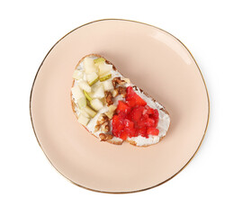 Delicious ricotta bruschetta with pear, strawberry and walnut isolated on white, top view