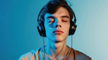 Young Man Listening to Music with Headphones and Eyes Closed