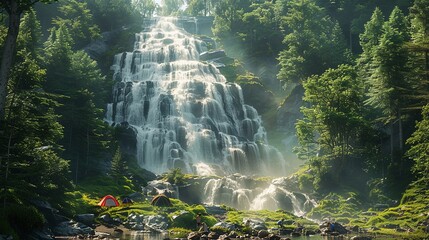 Friends and their pets setting up a campsite near a forest waterfall, enjoying the refreshing mist and soothing sounds realistic photo, high resolution , Minimalism,