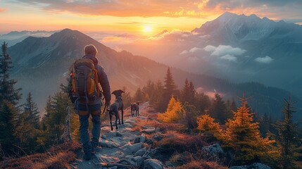 Friends and their dogs climbing a forested mountain trail, reaching the summit to watch a breathtaking sunrise realistic photo, high resolution , Minimalism,