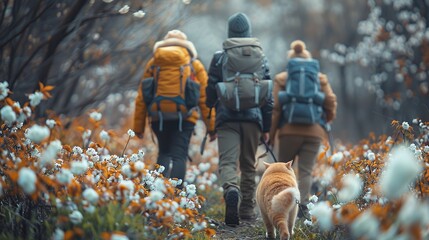 Cute people and pets hiking through a forest filled with spring blossoms, capturing the beauty and colors of nature realistic photo, high resolution , Minimalism,