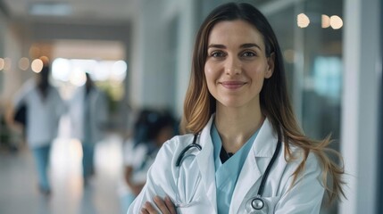 Female doctor in lab coat with a friendly medical team, hospital setting, bright and modern environment, professional appearance