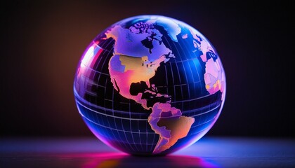 A holographic globe with neon-lit continents, casting a gentle light on its surroundings, se