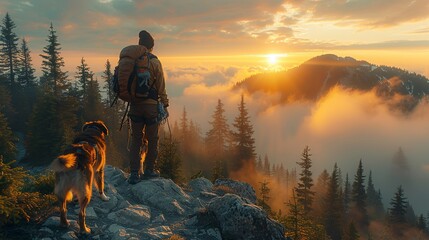 Friends and their dogs climbing a forested mountain trail, reaching the summit to watch a breathtaking sunrise realistic photo, high resolution , Minimalism,