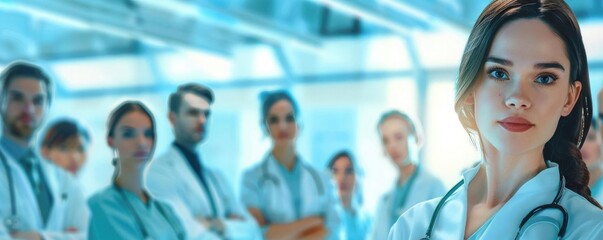Confident female doctor with a team of medical professionals, detailed hospital background, vibrant and professional atmosphere
