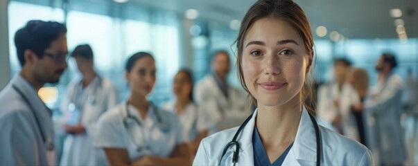 Confident female doctor in the foreground, team of healthcare professionals behind her, detailed hospital setting, professional and inviting