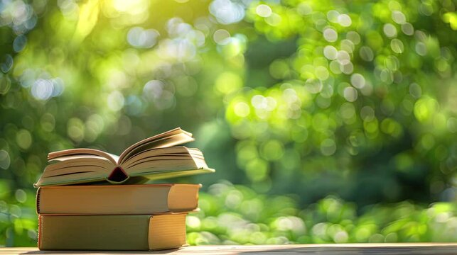 A stack of books with an open book on top in summer day blurry field and trees background. Video footage for World Book and Copyright Day.