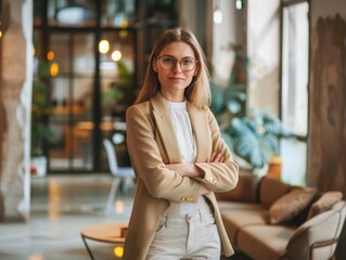 Businesswoman in casual yet professional clothing, contemporary office setting, relaxed and stylish appearance, vibrant atmosphere