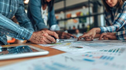 Fototapeta premium Business people collaborating over a project, detailed analysis documents on table, modern office setting, dynamic and focused atmosphere