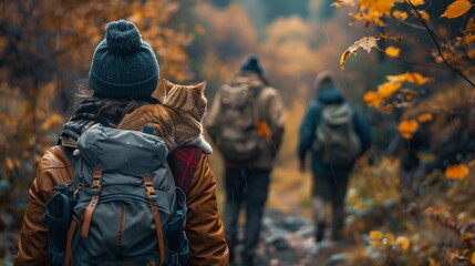 Fototapeta premium Cute people and their cats hiking along a forest trail, with vibrant autumn leaves creating a picturesque backdrop for their delightful journey realistic photo, high resolution , Minimalism,