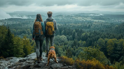 Obraz premium A couple with their dog climbing a forested hill, reaching the summit to enjoy a breathtaking view of the expansive landscape below realistic photo, high resolution , Minimalism,