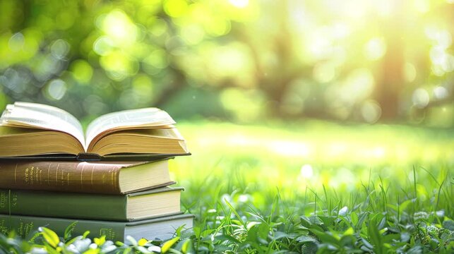 A stack of books with an open book on top in summer day blurry field and trees background. Video footage for World Book and Copyright Day.