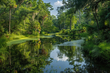Tranquil waters reflect lush vegetation in Buck Gardner morass