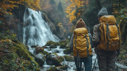 A couple with their cat hiking up a forest trail, discovering hidden waterfalls and capturing the magic and serenity of their adventure in nature realistic photo, high resolution , Minimalism,