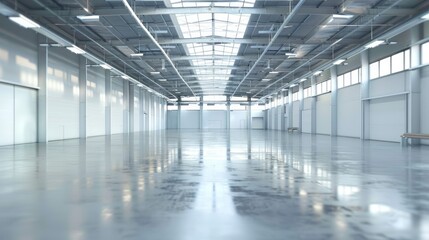 Obraz premium A large, empty warehouse with a lot of light shining on the floor. The space is open and airy, with no furniture or people visible. Scene is one of emptiness and solitude