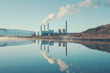 Lake reflecting geothermal plants showcasing renewable power potential