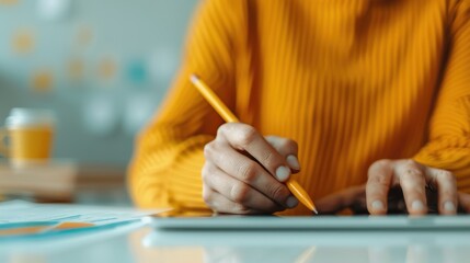 A closeup view of a person's hand writing with a pencil on a tablet device, emphasizing the blend of traditional writing tools with modern digital technology in a creative context.