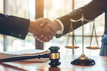 A business meeting among lawyers, symbolized by a handshake, scales of justice, and gavel, signifies a modern office setting emphasizing legal agreements and partnerships