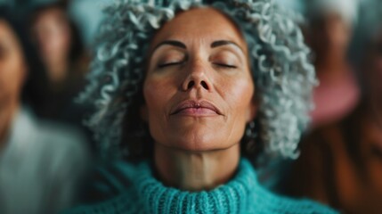 An audience member is seen wearing a knitted blue sweater while being fully engaged with their attention directed forward, surrounded by others in a public setting.