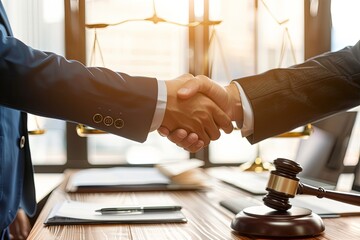 A business meeting among lawyers, symbolized by a handshake, scales of justice, and gavel, signifies a modern office setting emphasizing legal agreements and partnerships