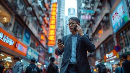 Obraz premium Businessman walking through a city filled with people and high-rise buildings, talking on his phone and navigating the urban landscape with ease realistic photo, high resolution , Minimalism,
