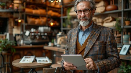 Professional businessman in a stylish coffee shop, holding a tablet and conducting a video call, with the caf&Atilde;&copy;'s ambiance enhancing the scene realistic photo, high resolution , Minimalism,