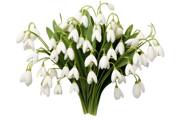 Obraz premium Beautiful bouquet of delicate white snowdrop flowers with vibrant green leaves, symbolizing the arrival of spring.