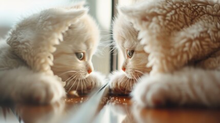 A fluffy cat, nestled comfortably under a woolen blanket, gazes at its own reflection. The serene and warm setting captures a gentle moment, evoking tranquility and peace.