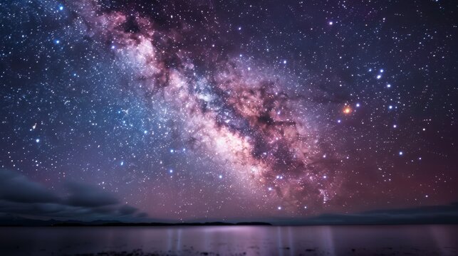A photograph capturing the Milky Way galaxy spanning the night sky over a calm lake, with the galaxy's reflection creating a serene and beautiful scene.