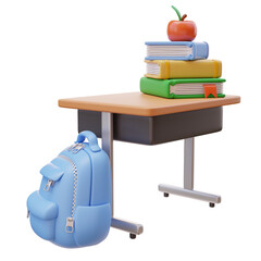 3D Education Concept Icon. School desk with Stack of Books. School Bag. School Concept. Back to school. 3d render illustration