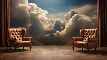 Brown Chairs  with Blue Sky and Clouds View from Window. Minimal Design. Copy Space