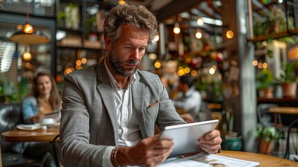 Businessman sitting in a trendy coffee shop, engrossed in reading a report on his tablet, with the caf&Atilde;&copy;'s lively atmosphere in the background realistic photo, high resolution , Minimalism,