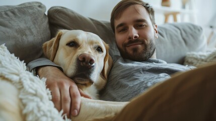 Young handsome man having fun with his lovely dog, snuggling, stroking and petting, sitting on the couch at home 