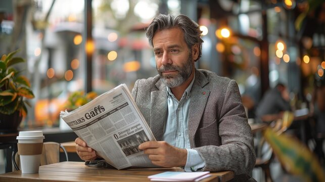 Businessman seated at a coffee shop table, reading the morning newspaper and sipping coffee, blending business with a moment of relaxation in a bustling city realistic photo, high resolution ,